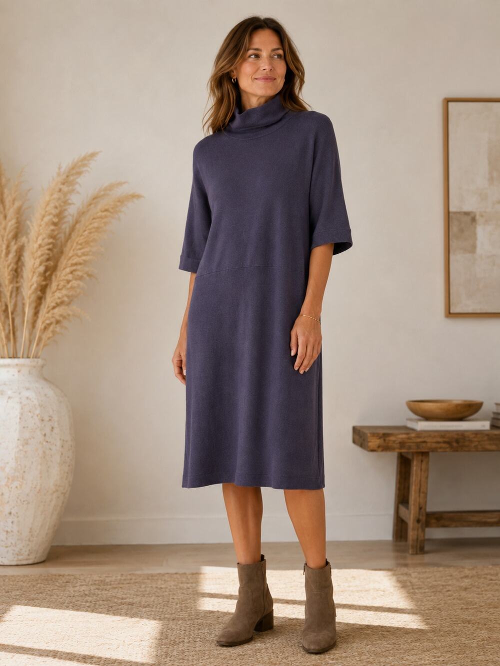 Eileen Fisher SZ M Extra Fine Merino Wool Sweater Dress Mock Neck Smoky Purple